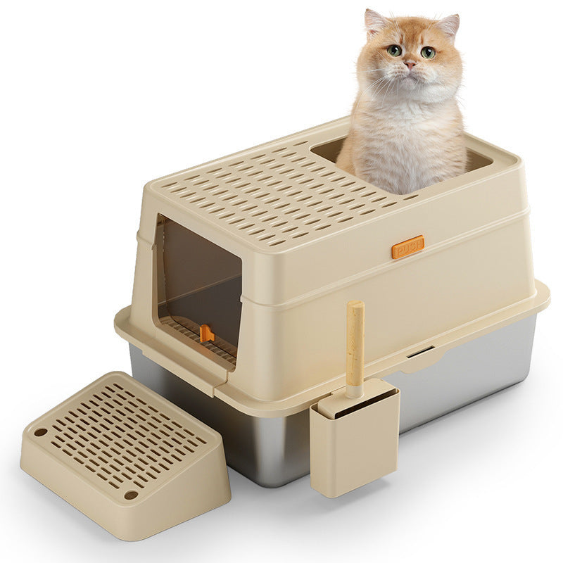 HKM-271827 Gray Stainless Steel Enclosed Cat Toilet with Pedal and ABS Plastic Features