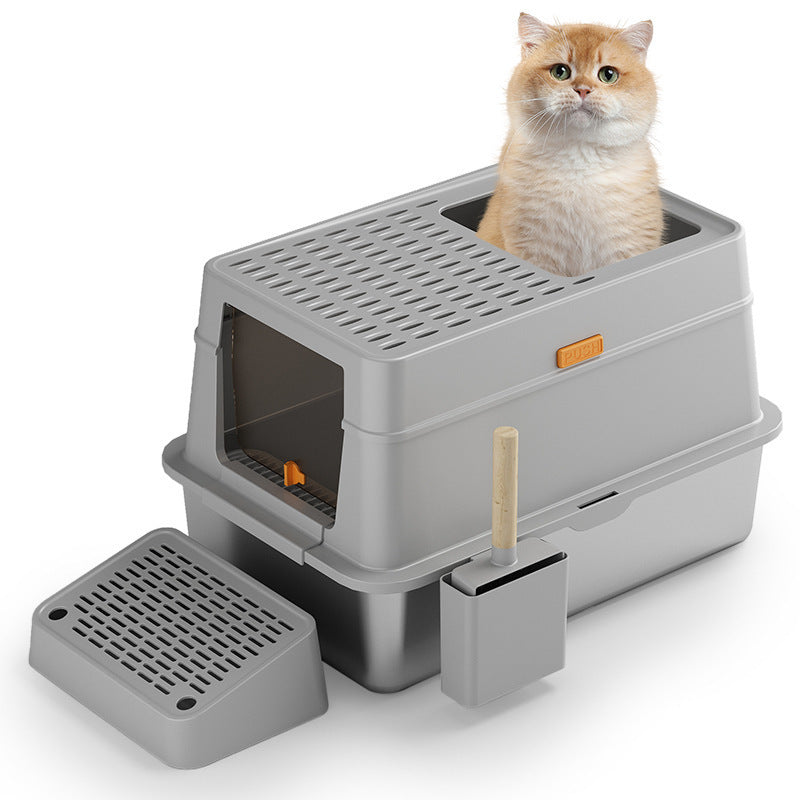 HKM-271827 Gray Stainless Steel Enclosed Cat Toilet with Pedal and ABS Plastic Features