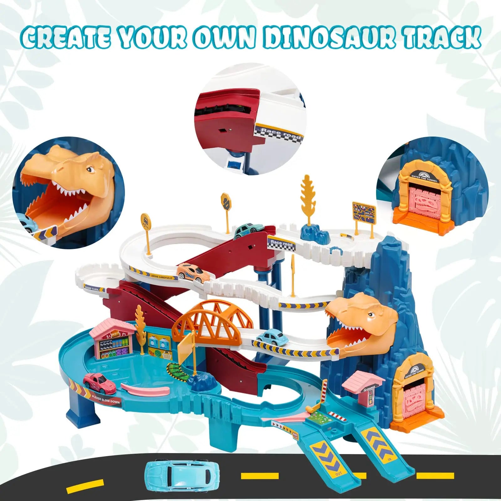 HKM-271955 Dinosaur Climbing Hills Track Set with Winding Highway and Car Parking Lot for Ages 2 and Up
