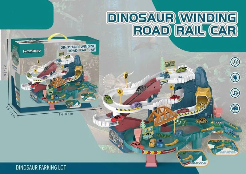 HKM-271955 Dinosaur Climbing Hills Track Set with Winding Highway and Car Parking Lot for Ages 2 and Up