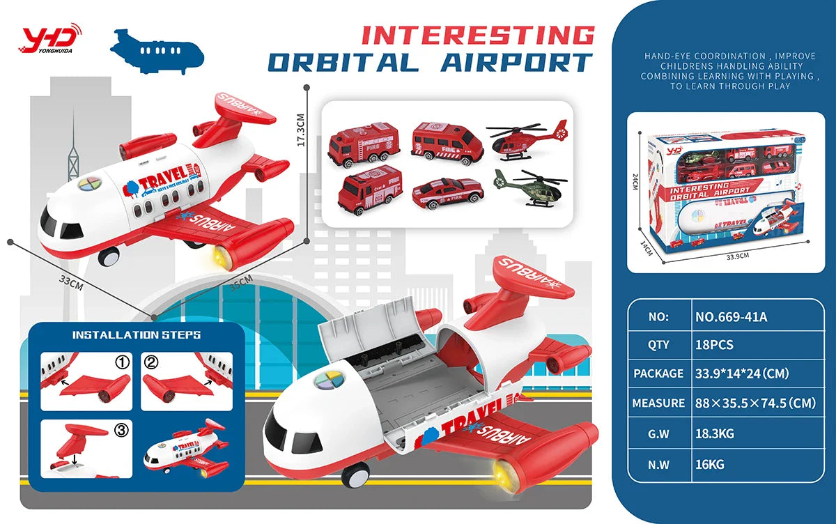HKM-272403 Diecast Alloy Fire Engine and Airplane Toy Set with Sound and Music for Ages 3 and Up