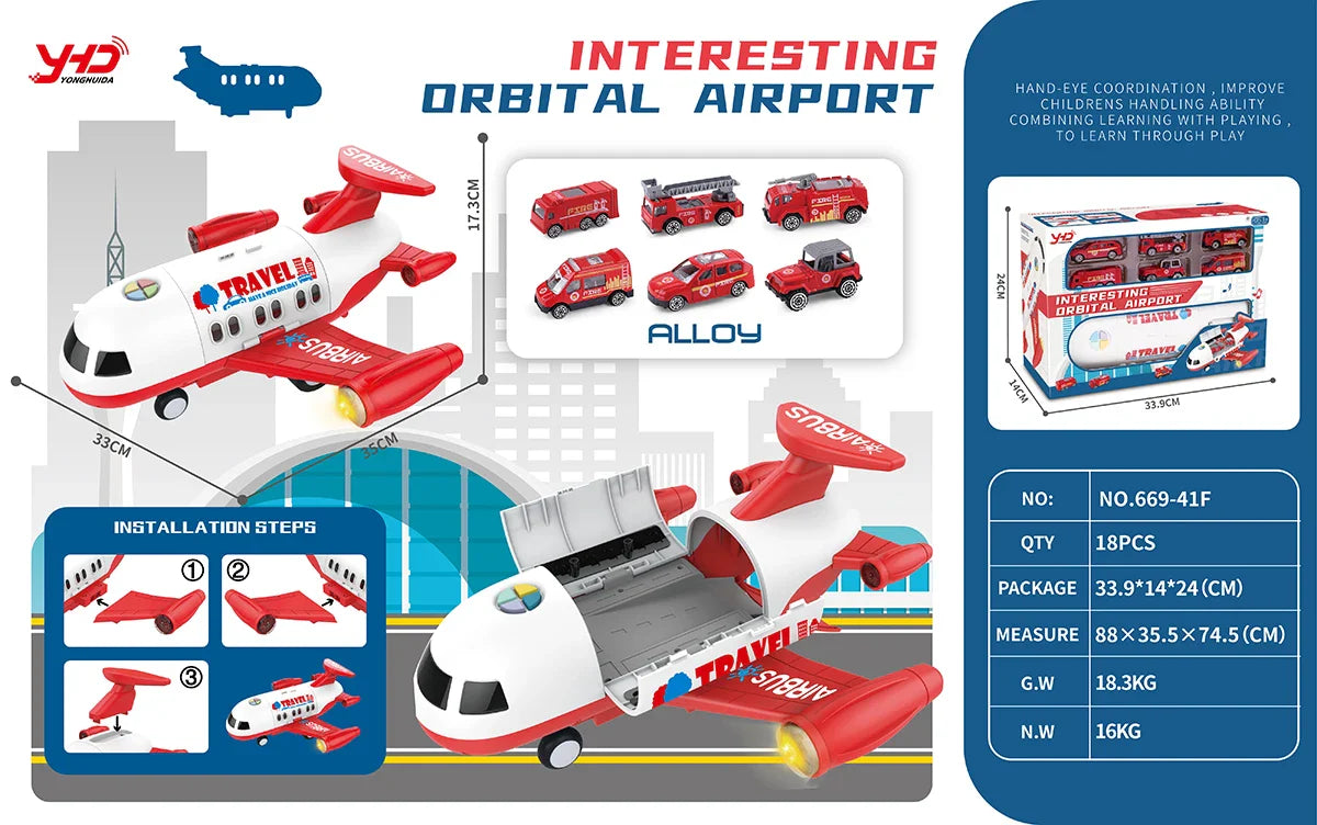HKM-272403 Diecast Alloy Fire Engine and Airplane Toy Set with Sound and Music for Ages 3 and Up