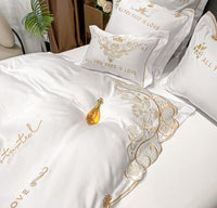 HKM-272467 Tencel and Cotton 4-Piece Bedding Set with Elegant Embroidery - Multiple Colors Available