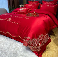 HKM-272467 Tencel and Cotton 4-Piece Bedding Set with Elegant Embroidery - Multiple Colors Available
