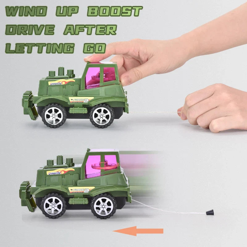 HKM-273555 Educational Pull String Inertia Military Truck Toy with Lights for Children Ages 3+ - Green/Kahki
