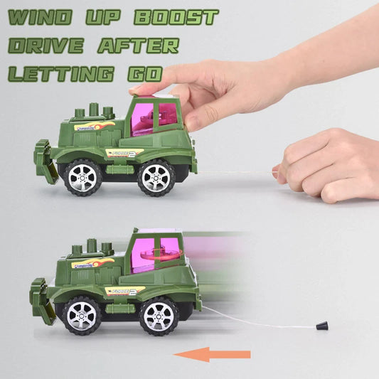HKM-273555 Educational Pull String Inertia Military Truck Toy with Lights for Children Ages 3+ - Green/Kahki