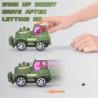 HKM-273555 Educational Pull String Inertia Military Truck Toy with Lights for Children Ages 3+ - Green/Kahki