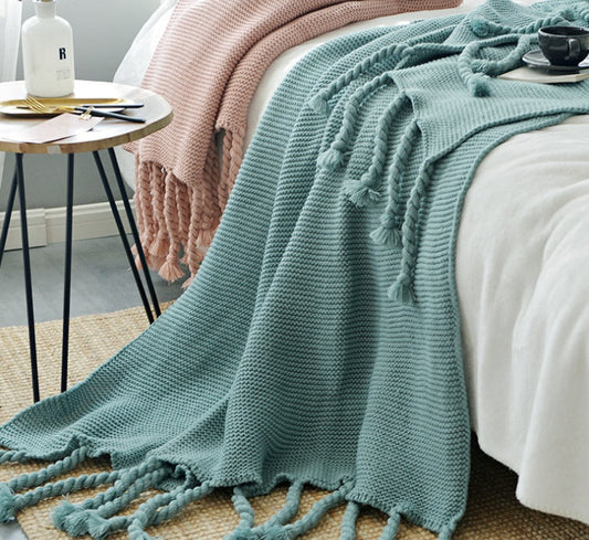 HKM-273619 Knitted Tassel Sofa Blanket - Polyester Fiber, 130x170cm & 150x200cm Options
