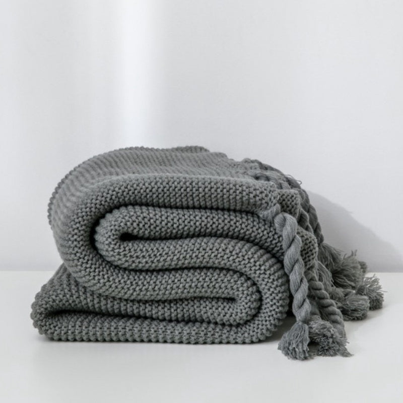 HKM-273619 Knitted Tassel Sofa Blanket - Polyester Fiber, 130x170cm & 150x200cm Options