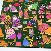 HKM-274131 Handmade Cat Print Patchwork Shirt Scarf Dress for Children - Cotton, Green and Pink