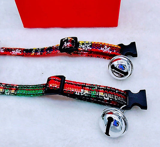 HKM-274323 Adjustable Canvas Pet Collar in Christmas Snowflake Design - Red & Green, 1.0cm Width, 34cm Total Length