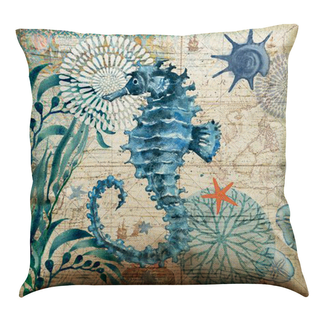 HKM-274835 Sea Turtle Printed Cushion Cover – Linen Throw Pillow Case for Home Decor, 45x45cm