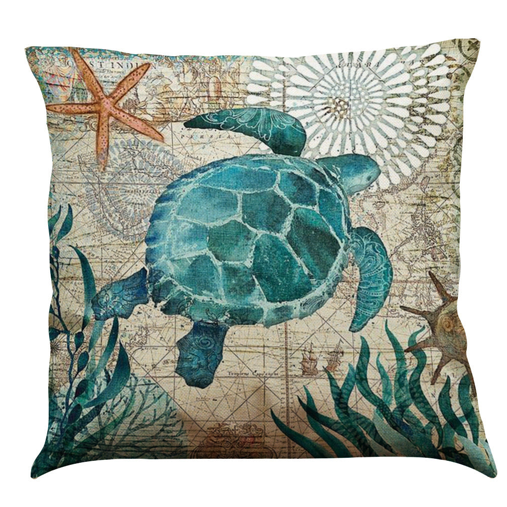 HKM-274835 Sea Turtle Printed Cushion Cover – Linen Throw Pillow Case for Home Decor, 45x45cm