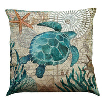 HKM-274835 Sea Turtle Printed Cushion Cover – Linen Throw Pillow Case for Home Decor, 45x45cm