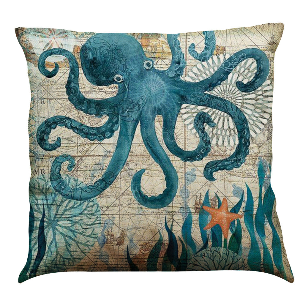 HKM-274835 Sea Turtle Printed Cushion Cover – Linen Throw Pillow Case for Home Decor, 45x45cm