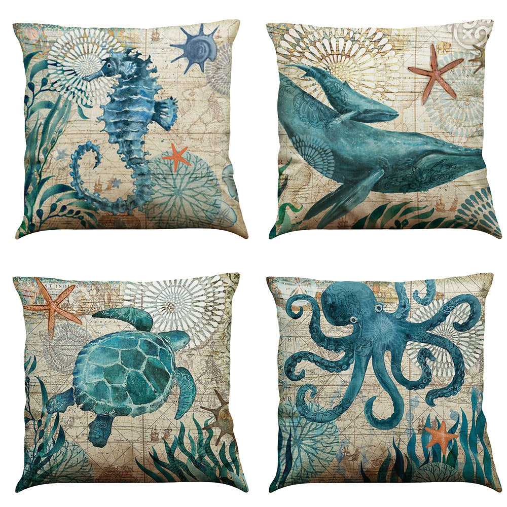 HKM-274835 Sea Turtle Printed Cushion Cover – Linen Throw Pillow Case for Home Decor, 45x45cm
