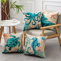 HKM-274835 Sea Turtle Printed Cushion Cover – Linen Throw Pillow Case for Home Decor, 45x45cm