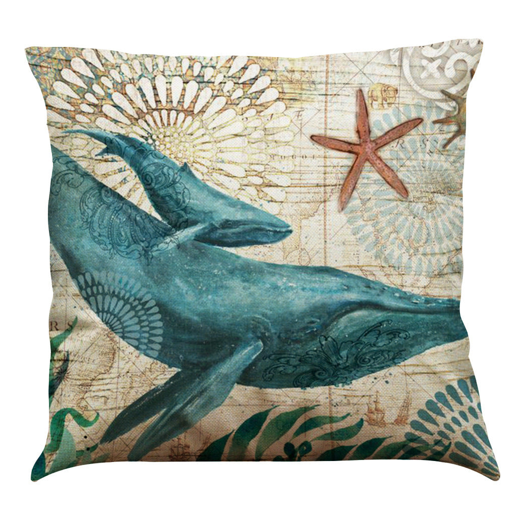 HKM-274835 Sea Turtle Printed Cushion Cover – Linen Throw Pillow Case for Home Decor, 45x45cm