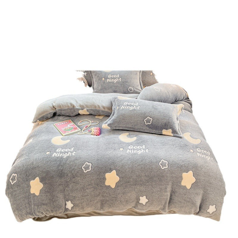 HKM-275603 Thickened Fleece Four-Piece Winter Bedding Set with Various Patterns
