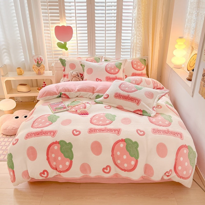 HKM-275603 Thickened Fleece Four-Piece Winter Bedding Set with Various Patterns