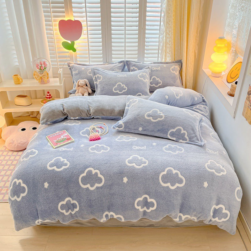 HKM-275603 Thickened Fleece Four-Piece Winter Bedding Set with Various Patterns