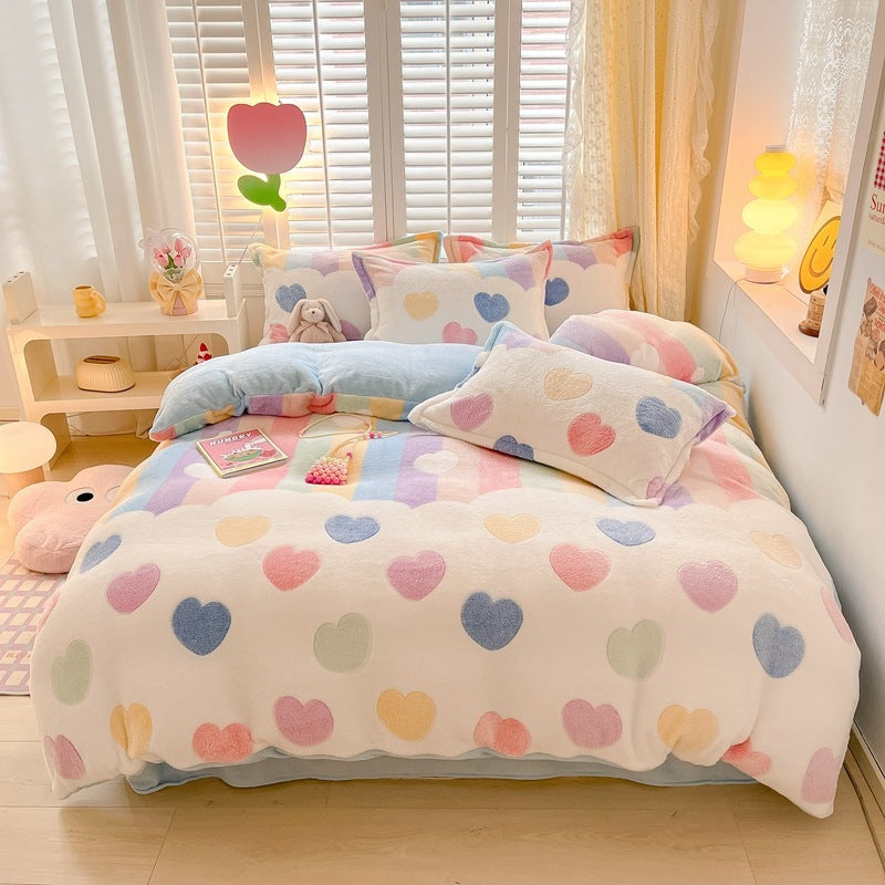 HKM-275603 Thickened Fleece Four-Piece Winter Bedding Set with Various Patterns