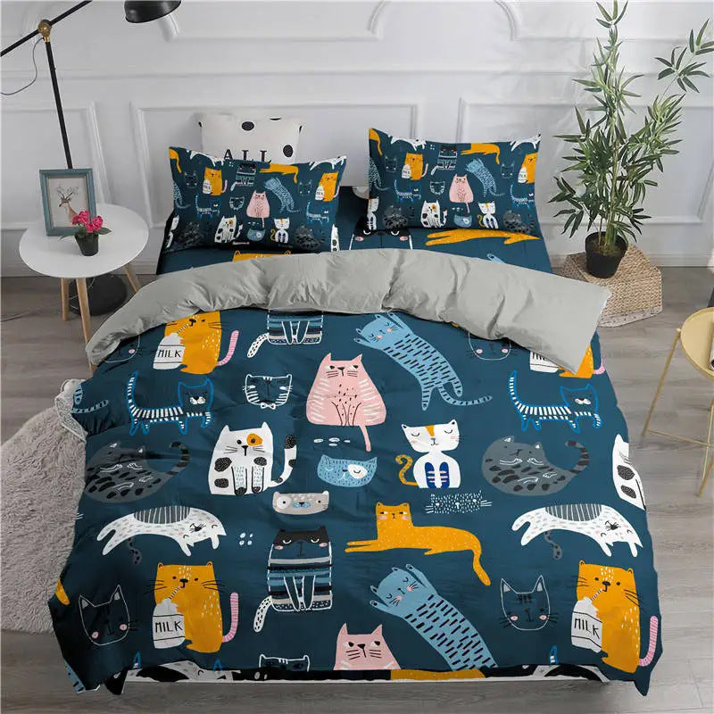 HKM-275923 Cute Kitten Pattern Duvet Cover Set, Soft Chemical Fiber, Multiple Sizes Available