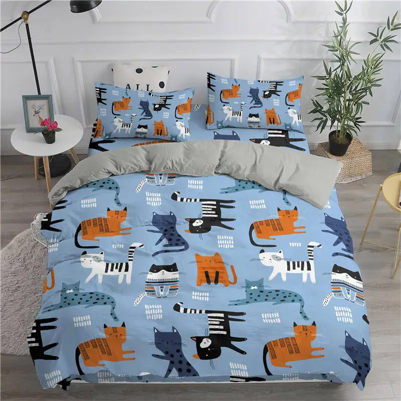 HKM-275923 Cute Kitten Pattern Duvet Cover Set, Soft Chemical Fiber, Multiple Sizes Available