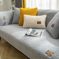 HKM-275987 Modern Solid Color Plush Sofa Cover - Soft Lamb Wool Couch Protector with Anti-Slip Design for Living Room