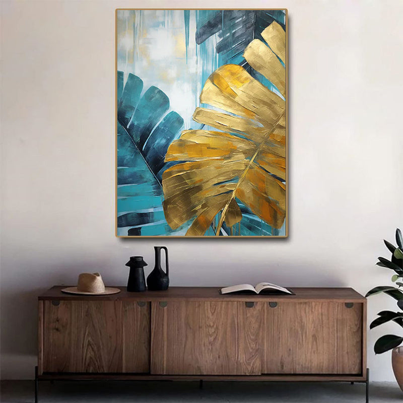 HKM-276691 Handmade Oil Painting Canvas Wall Art - Green and Golden Banana Leaves for Home Decor