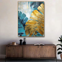 HKM-276691 Handmade Oil Painting Canvas Wall Art - Green and Golden Banana Leaves for Home Decor