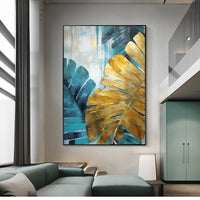HKM-276691 Handmade Oil Painting Canvas Wall Art - Green and Golden Banana Leaves for Home Decor