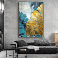 HKM-276691 Handmade Oil Painting Canvas Wall Art - Green and Golden Banana Leaves for Home Decor