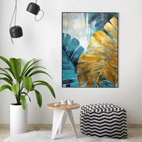 HKM-276691 Handmade Oil Painting Canvas Wall Art - Green and Golden Banana Leaves for Home Decor