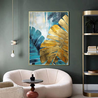 HKM-276691 Handmade Oil Painting Canvas Wall Art - Green and Golden Banana Leaves for Home Decor