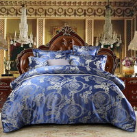 HKM-276755 Four-Piece Dark Blue Cotton Satin Jacquard Quilt Cover Set for 1.8m Beds
