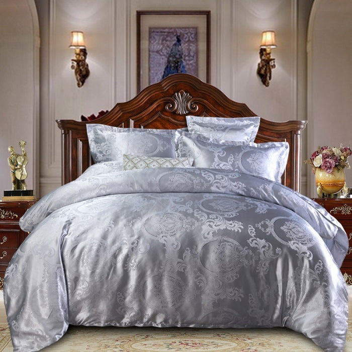 HKM-276755 Four-Piece Dark Blue Cotton Satin Jacquard Quilt Cover Set for 1.8m Beds