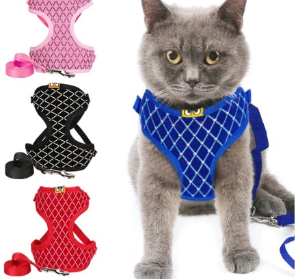 HKM-276947 Rhinestone Cat Harness and Leash Set - Breathable Mesh Small Pet Vest for Outdoor Walks