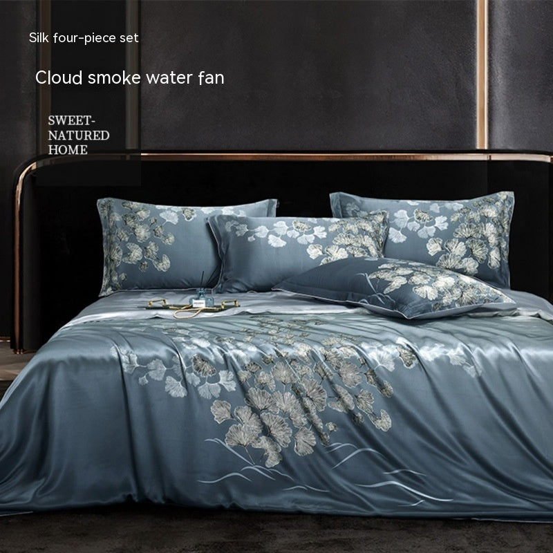 HKM-277075 Silk Four-Piece Bedding Set with Quilt Cover, Bed Sheet, and Pillowcases
