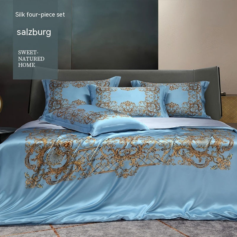 HKM-277075 Silk Four-Piece Bedding Set with Quilt Cover, Bed Sheet, and Pillowcases