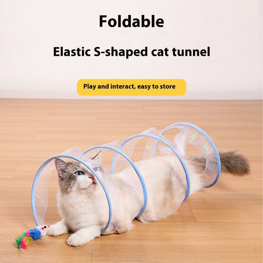 HKM-277587 S-type Pet Cat Tunnel with Feather Toy – Interactive Play Channel for Kittens