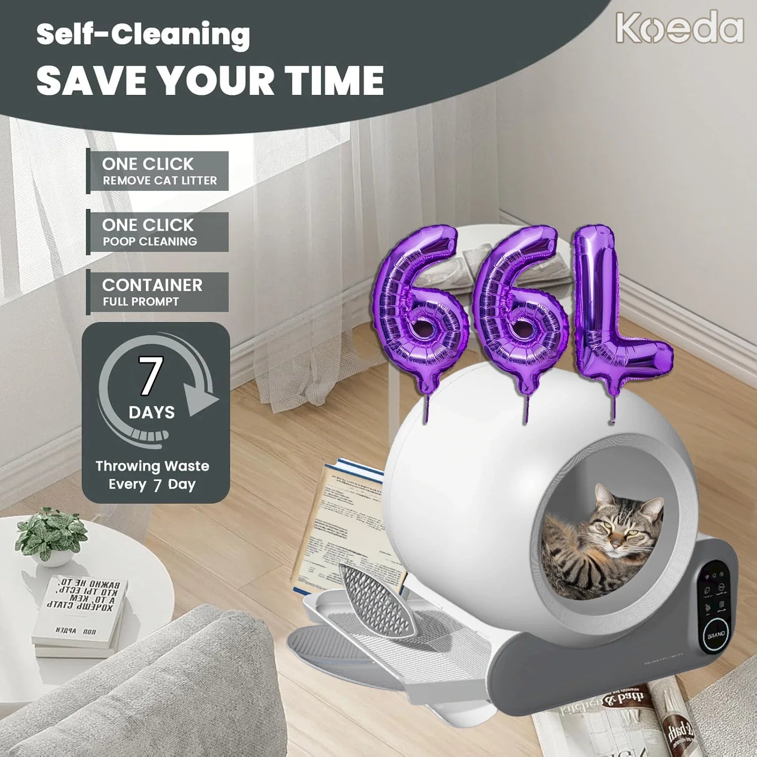 KTX-278035 Automatic Smart Cat Litter Box with APP Control and Odor Removal, Suitable for Multiple Cats