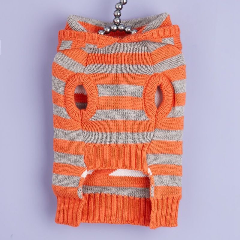 HKM-278163 Knitted Cold-Proof Striped Hooded Pet Sweater with Fur Ball - Orange, Sizes XS to L