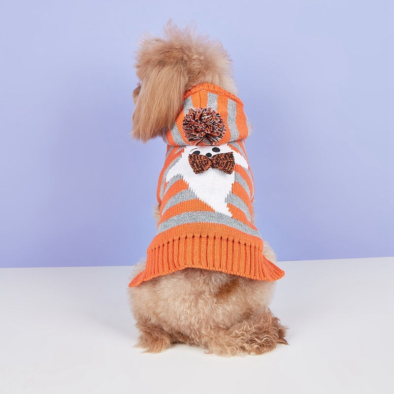 HKM-278163 Knitted Cold-Proof Striped Hooded Pet Sweater with Fur Ball - Orange, Sizes XS to L