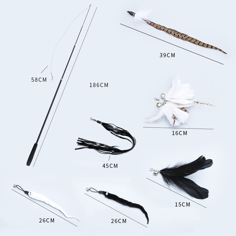 HKM-278227 Telescopic Cat Play Stick Set with Feather Replacement Heads and Fishing Line