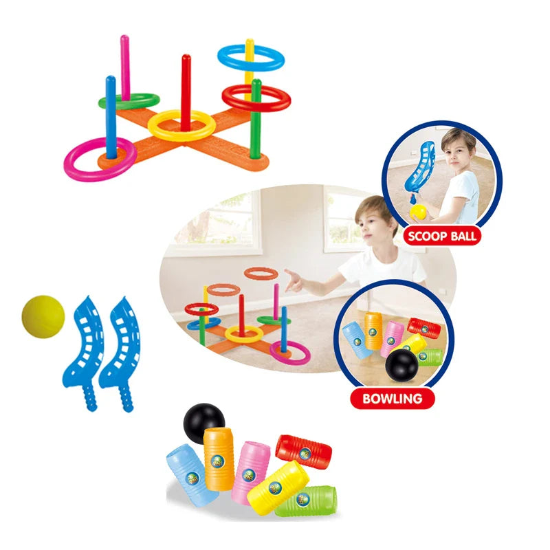 3-in-1 Indoor and Outdoor Learning Activity Game Set for Kids – Target Scoop, Ball, and Ring Toss