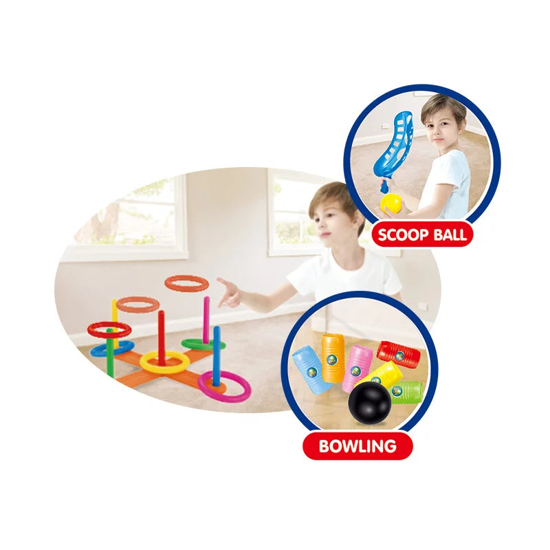 3-in-1 Indoor and Outdoor Learning Activity Game Set for Kids – Target Scoop, Ball, and Ring Toss