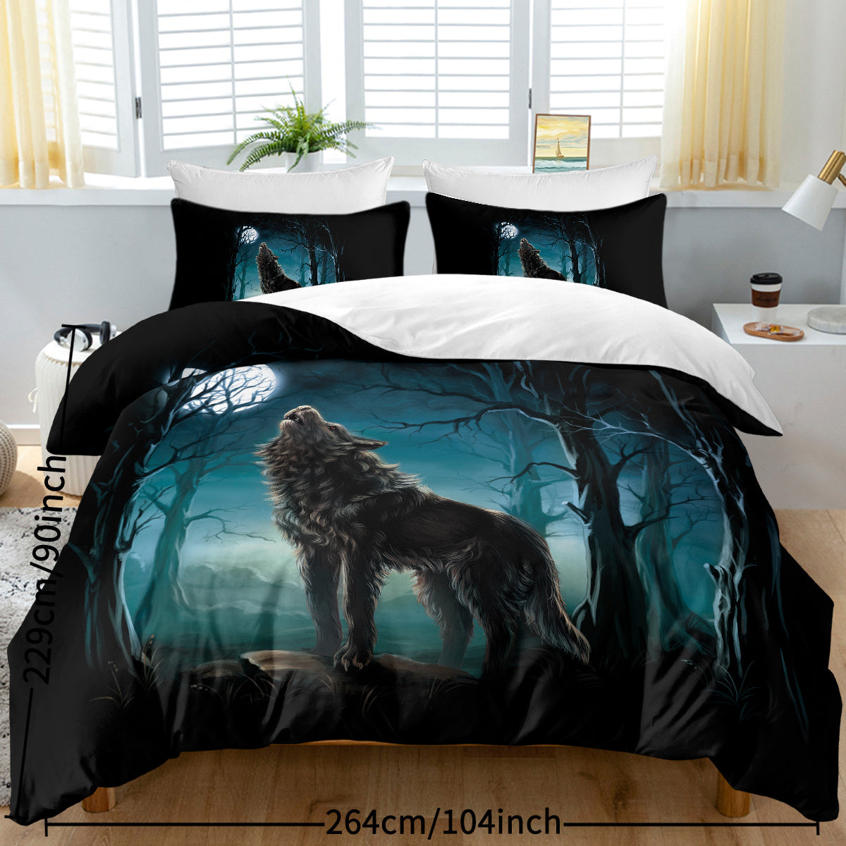 HKM-279059 Watercolor Forest Wolf Duvet Cover Set - Soft Microfiber Bedding in Twin, Full, Queen, King Sizes