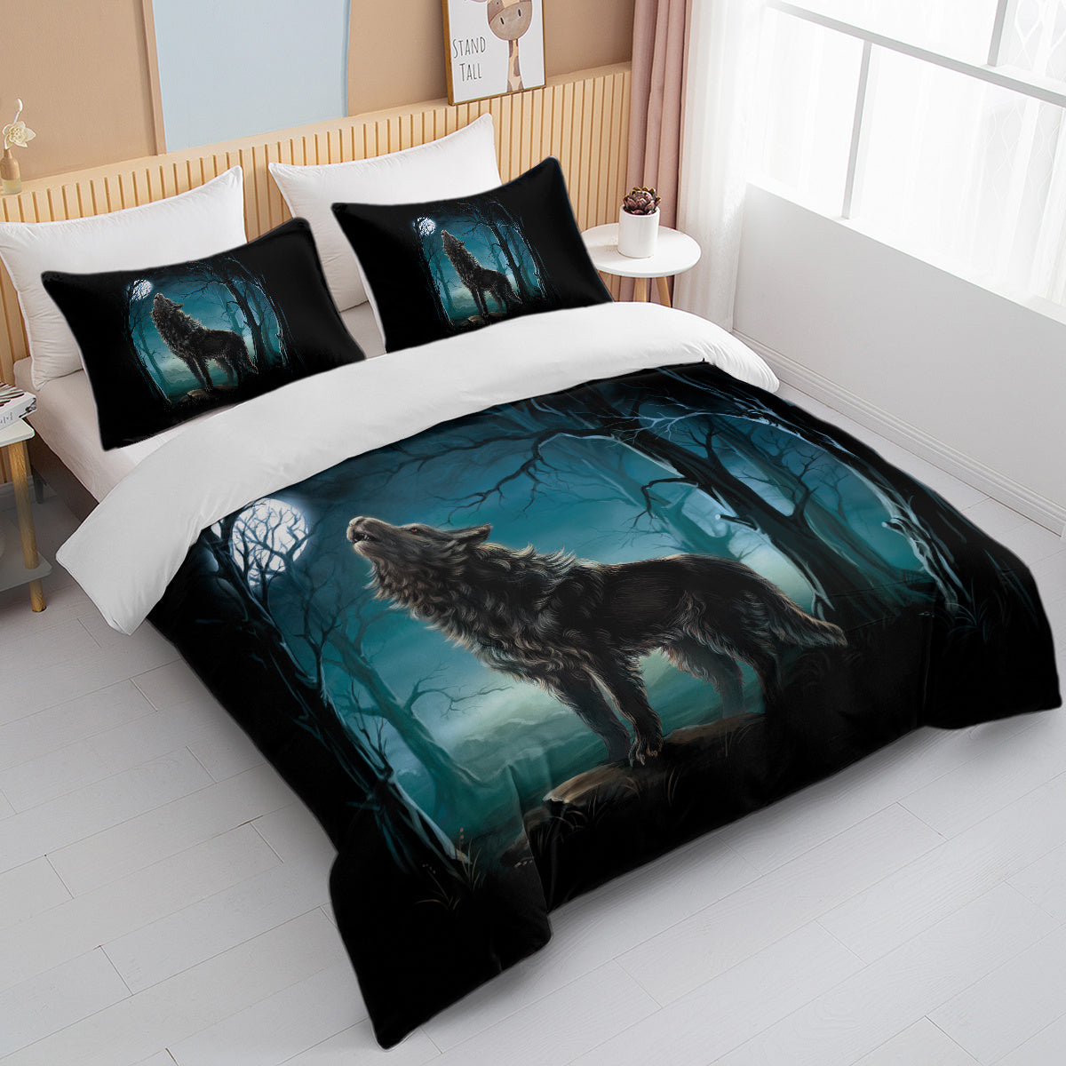 HKM-279059 Watercolor Forest Wolf Duvet Cover Set - Soft Microfiber Bedding in Twin, Full, Queen, King Sizes