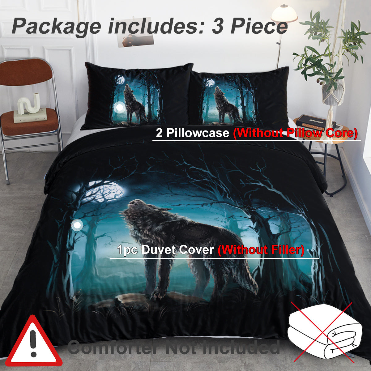 HKM-279059 Watercolor Forest Wolf Duvet Cover Set - Soft Microfiber Bedding in Twin, Full, Queen, King Sizes